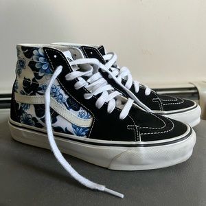 Vans Sk8-hi Tapered, black with blue and white floral side panel. Size 9.5 women